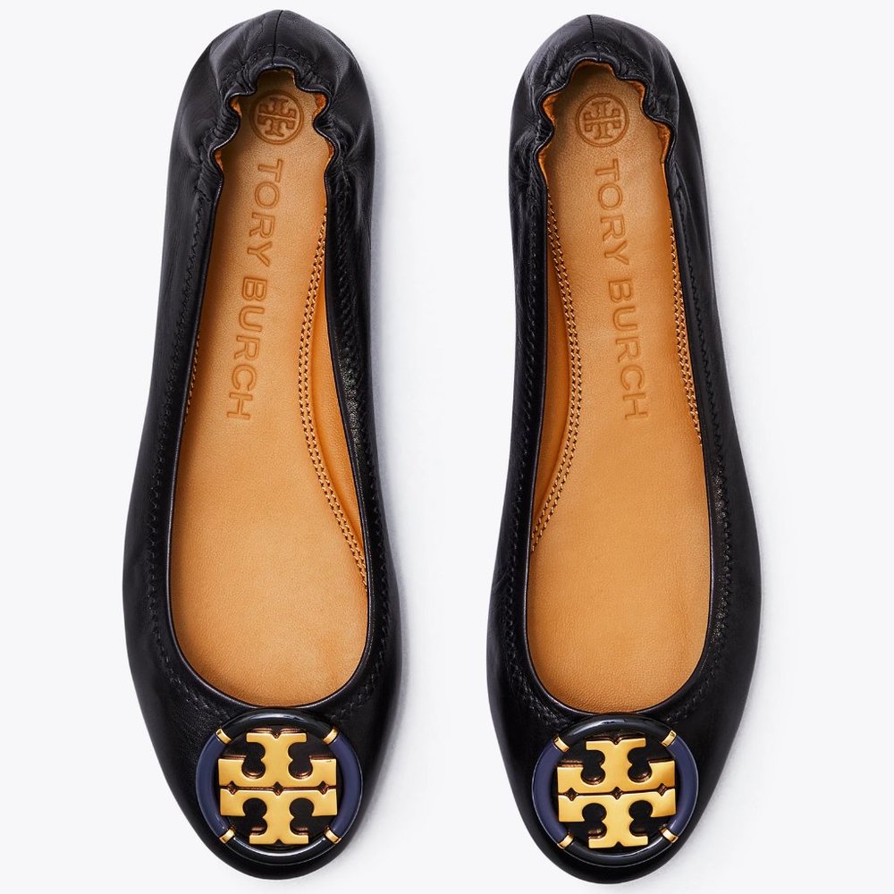 Tory Burch Enamel Logo Leather Ballet Flats Perfect Black Gold Heel Details
